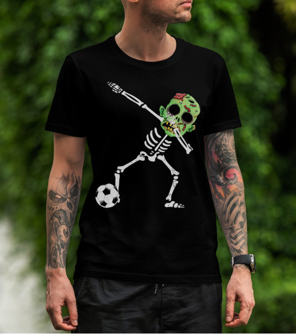 Dabbing Skeleton Soccer Zombie With Green Head T-Shirt