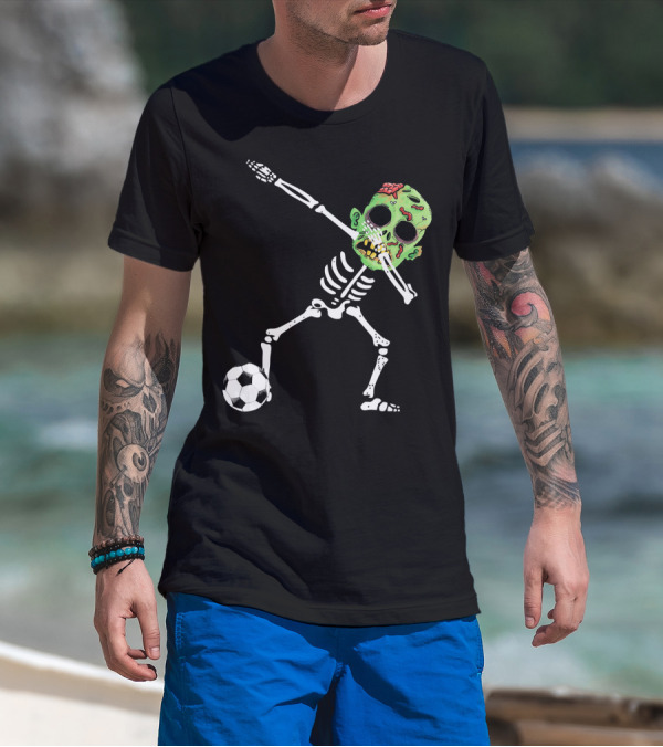 Dabbing Skeleton Soccer Zombie With Green Head T-Shirt