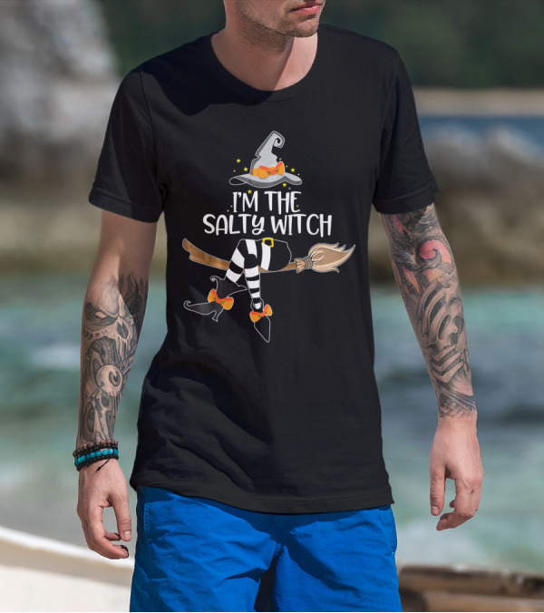 I'm The Salty Witch Halloween Matching Broomstick Hat Striped Stockings Bow T-Shirt