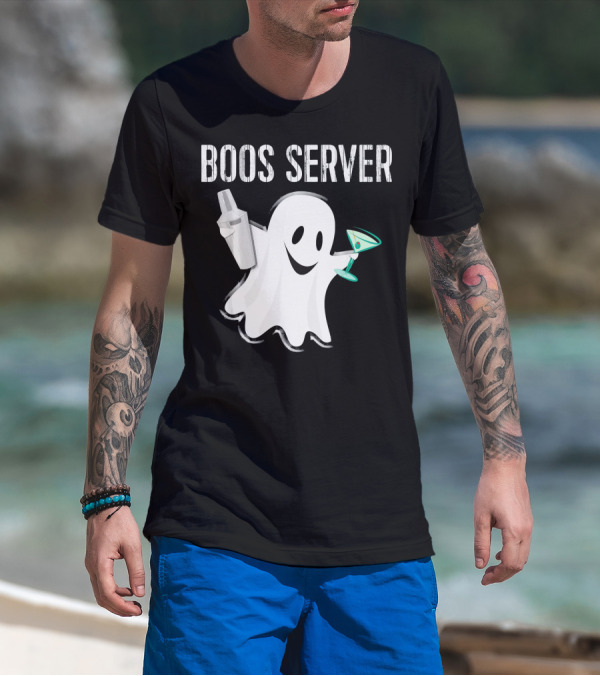 Boos Server Ghost Holding Cocktail Shaker And Martini T-Shirt