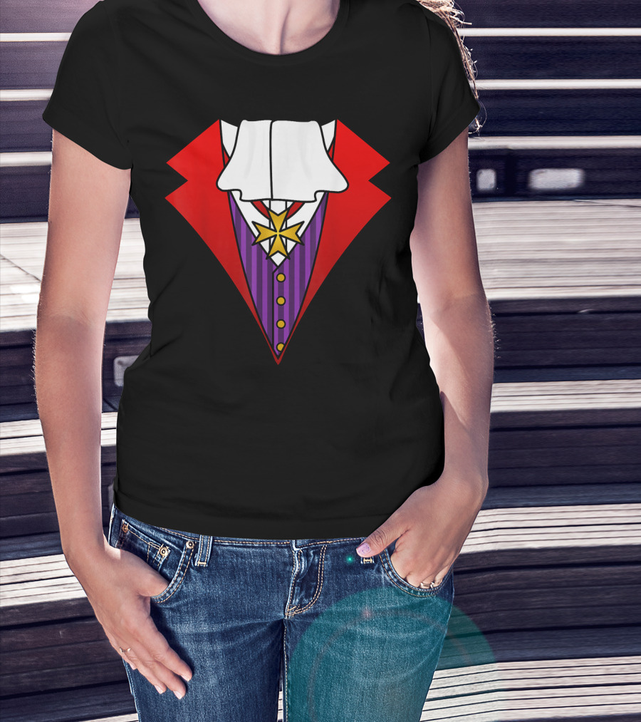 Easy Halloween Costumes Dracula Tuxedo Red Jacket Purple Vest White Cravat T-Shirt