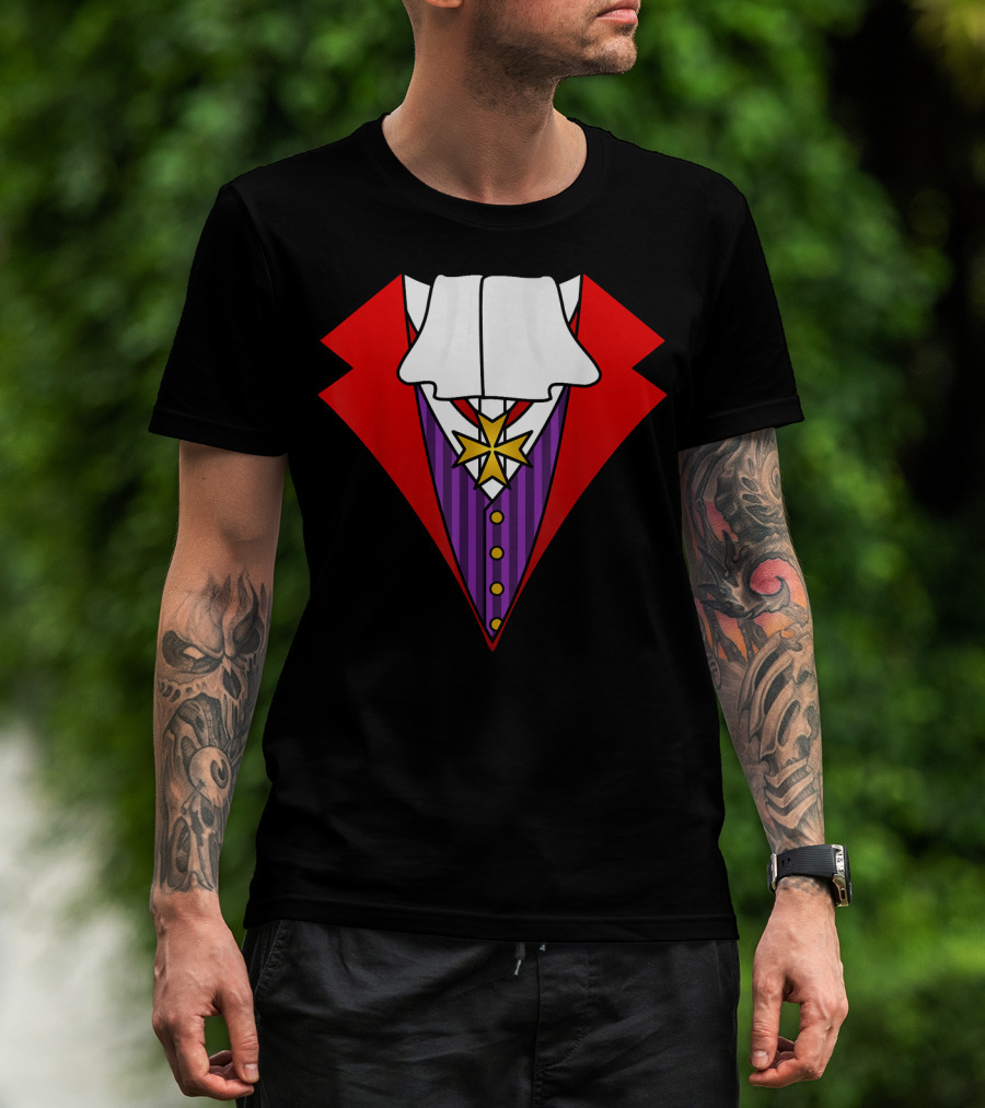 Easy Halloween Costumes Dracula Tuxedo Red Jacket Purple Vest White Cravat T-Shirt