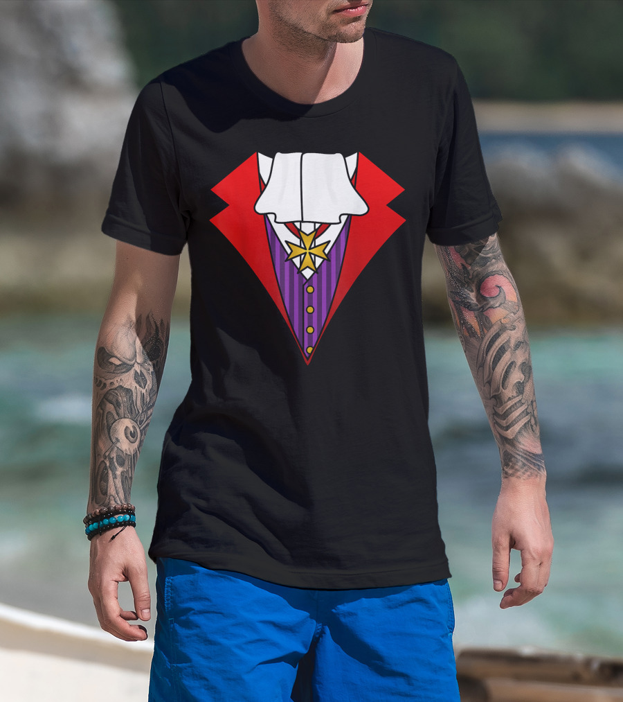 Easy Halloween Costumes Dracula Tuxedo Red Jacket Purple Vest White Cravat T-Shirt