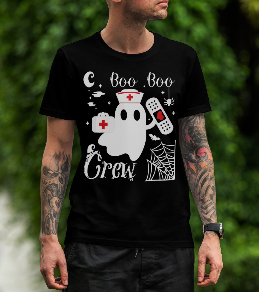 Boo Boo Crew Ghost Nurse With Bandage And Spider Web And Medical Symbols T-Shirt