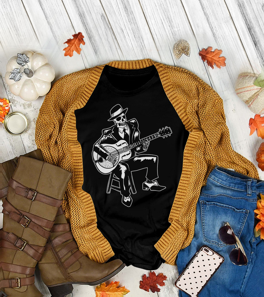 Blues Music Skeleton Playing Guitar with Fedora and Suit T-Shirt