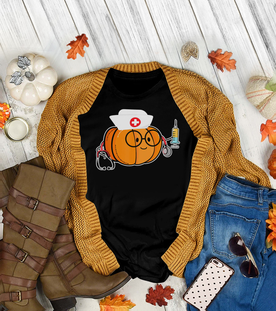 Nurse Halloween Pumpkin with Stethoscope and Syringe Smiling Face T-Shirt
