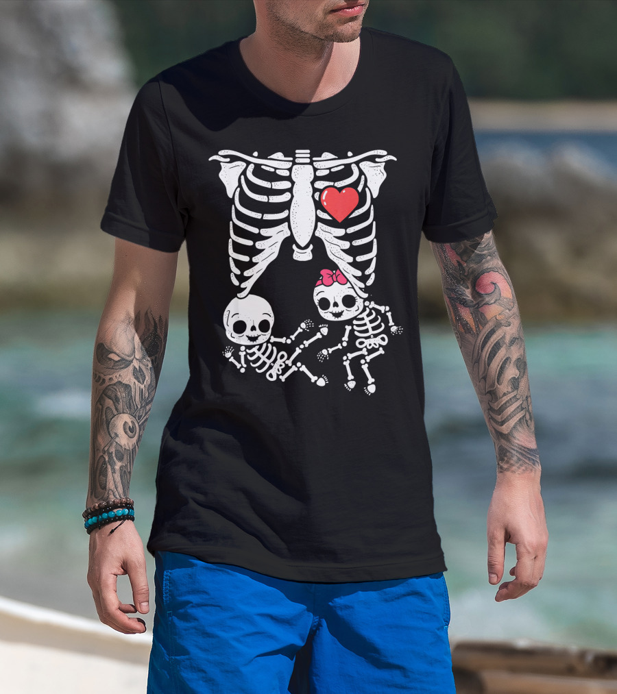 Skeleton Pregnancy Announcement With Baby Skeletons And Heart T-Shirt