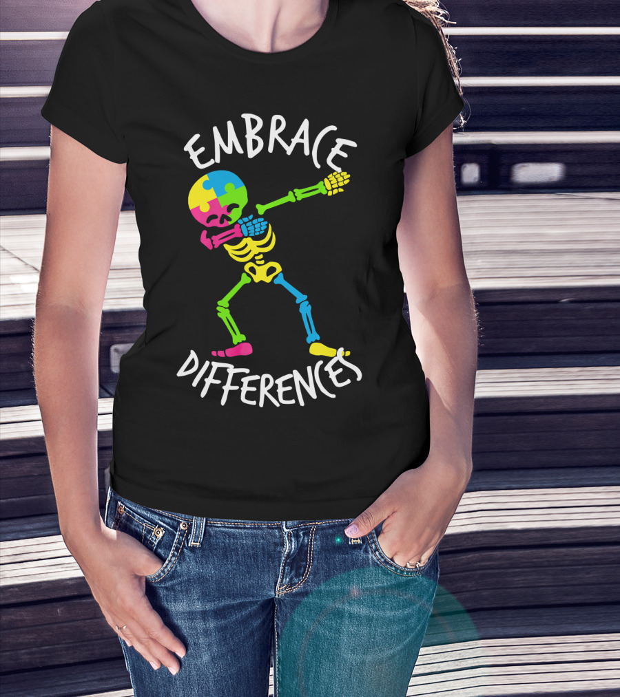 Embrace Differences Autism Awareness Colorful Skeleton Dabbing T-Shirt