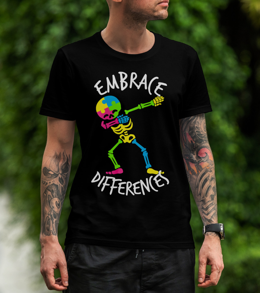 Embrace Differences Autism Awareness Colorful Skeleton Dabbing T-Shirt