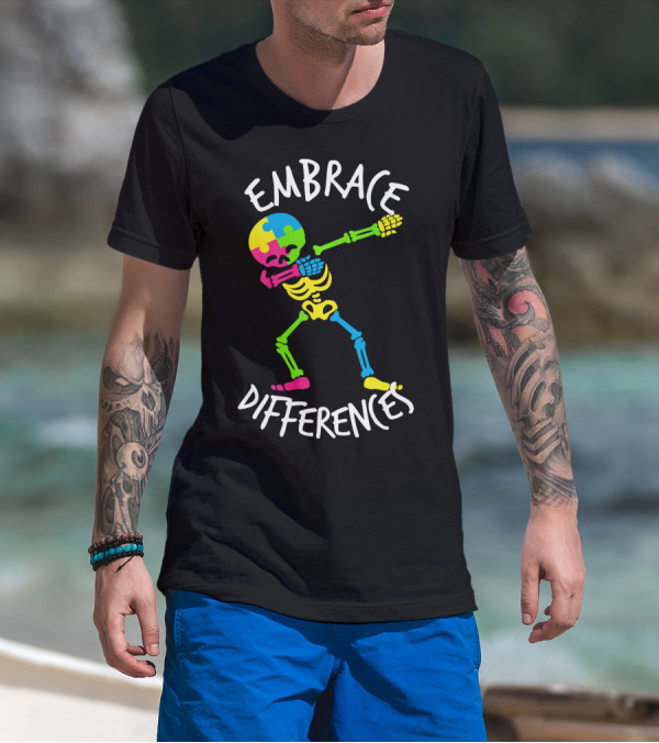 Embrace Differences Autism Awareness Colorful Skeleton Dabbing T-Shirt