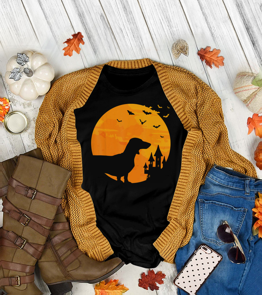 Dachshund Halloween Silhouette with Bats and Haunted Castle T-Shirt