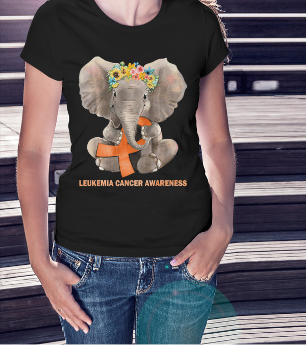 Hippie Elephant With Flower Crown Holding Orange Ribbon Leukemia Cancer Awareness T-Shirt