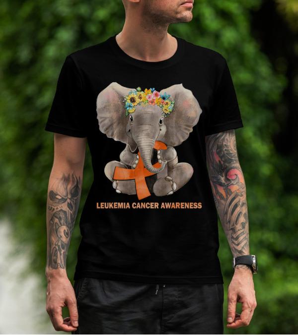 Hippie Elephant With Flower Crown Holding Orange Ribbon Leukemia Cancer Awareness T-Shirt