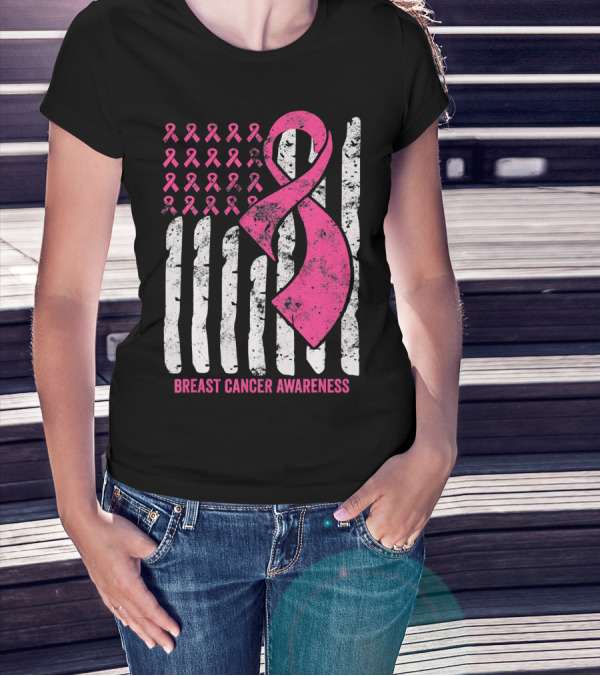 Breast Cancer Awareness Distress Pink Ribbon American Flag T-Shirt