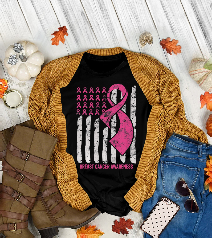 Breast Cancer Awareness Distress Pink Ribbon American Flag T-Shirt
