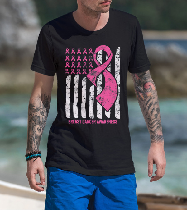 Breast Cancer Awareness Distress Pink Ribbon American Flag T-Shirt