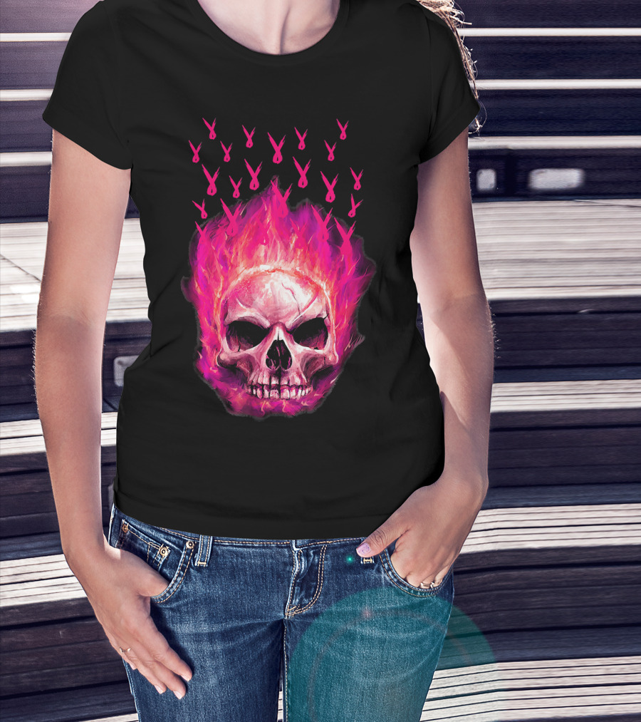 Halloween Skull Flaming Pink Ribbon Breast Cancer Awareness T-Shirt