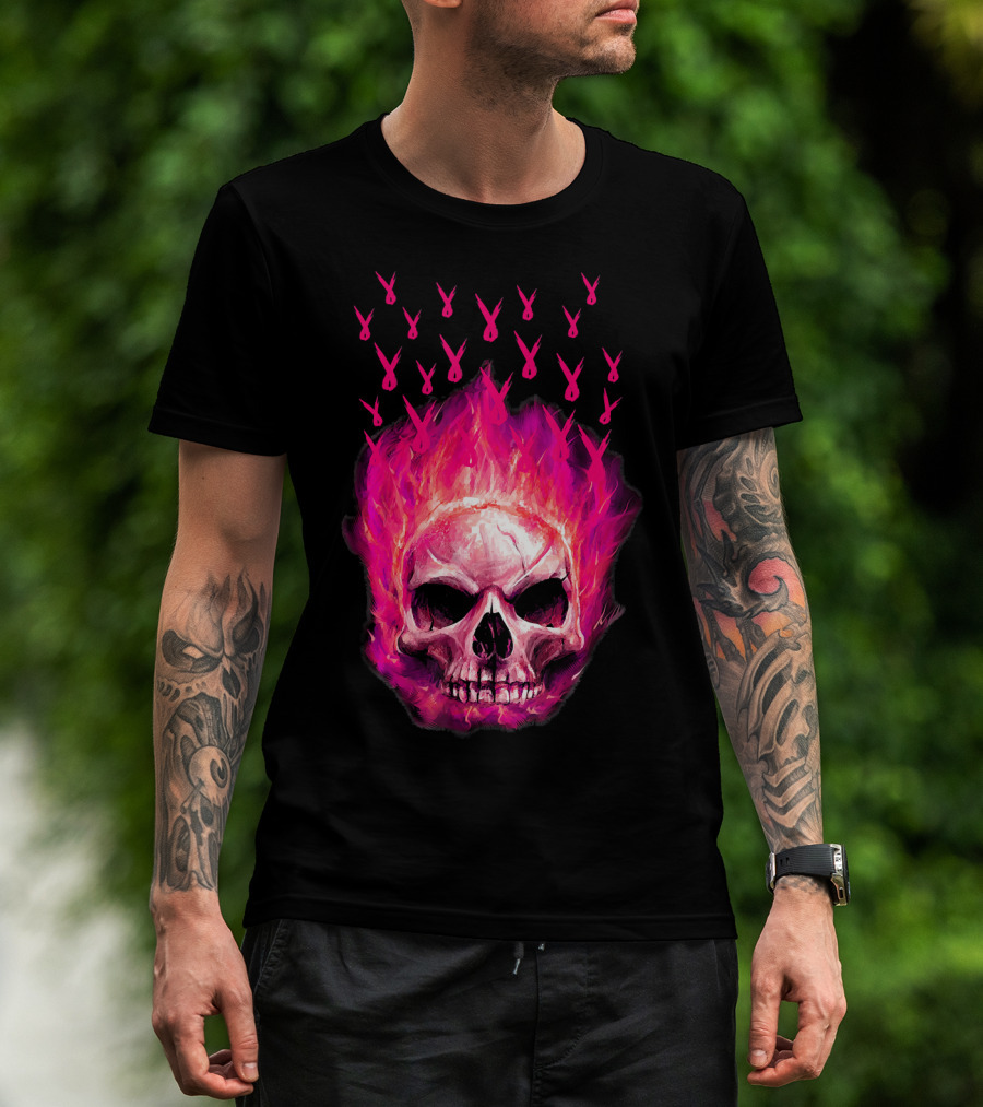 Halloween Skull Flaming Pink Ribbon Breast Cancer Awareness T-Shirt