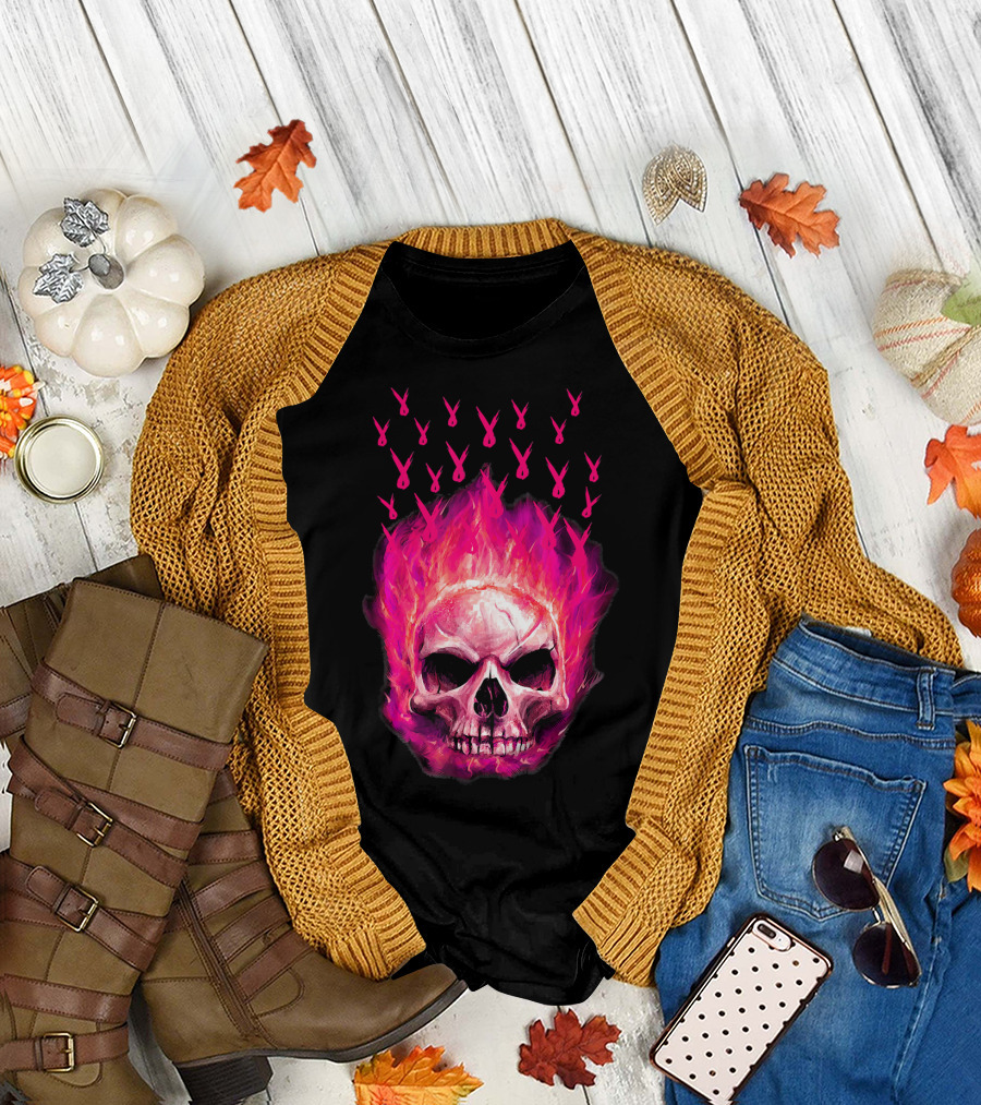 Halloween Skull Flaming Pink Ribbon Breast Cancer Awareness T-Shirt