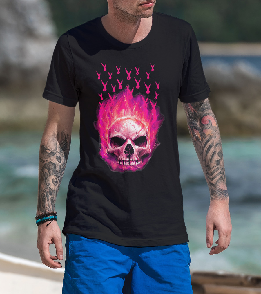 Halloween Skull Flaming Pink Ribbon Breast Cancer Awareness T-Shirt