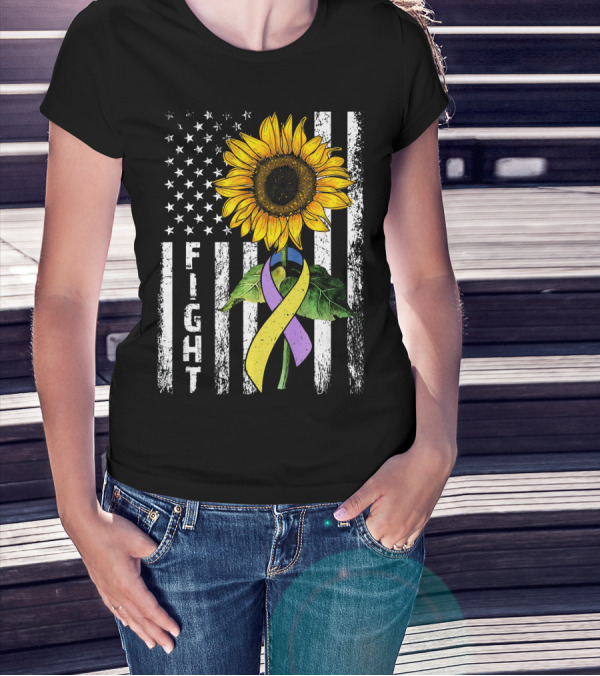 USA Flag Sunflower Fight Ribbon Bladder Cancer T-Shirt