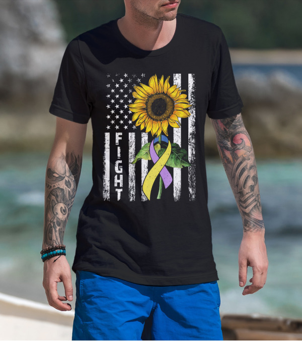 USA Flag Sunflower Fight Ribbon Bladder Cancer T-Shirt