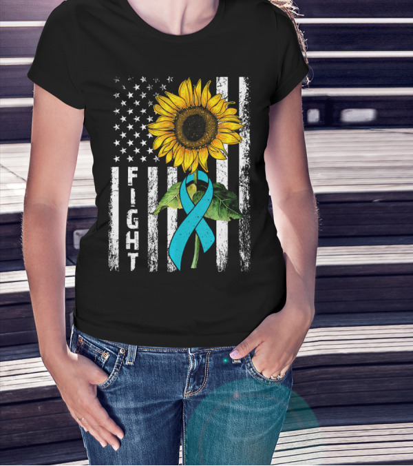 America Flag Sunflower Teal Ribbon Ovari Fight T-Shirt
