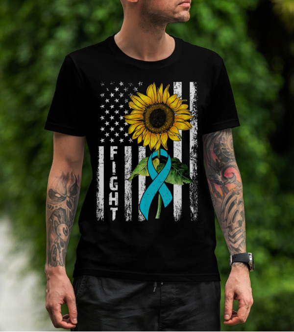 America Flag Sunflower Teal Ribbon Ovari Fight T-Shirt