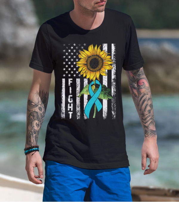 America Flag Sunflower Teal Ribbon Ovari Fight T-Shirt