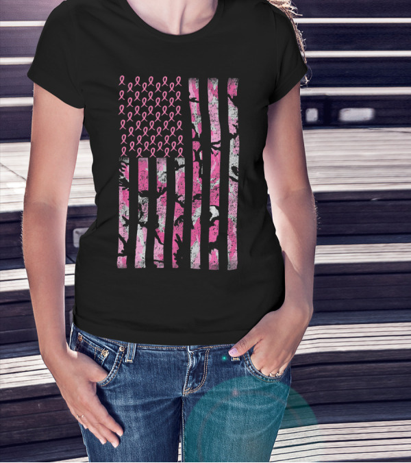 Breast Cancer Awareness Survivor Pink Ribbon American Flag Camo T-Shirt