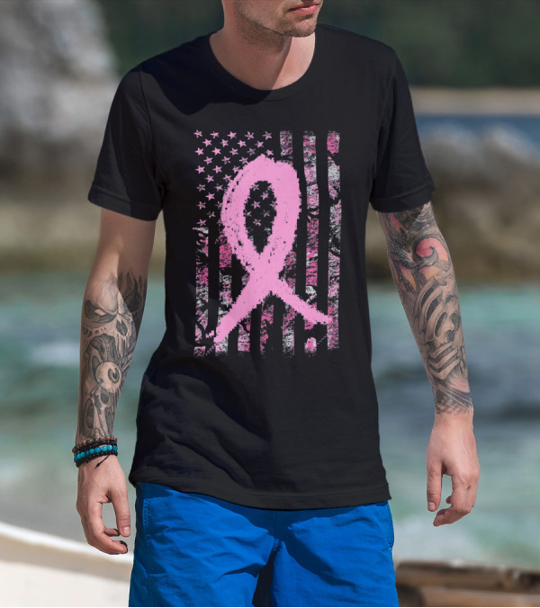 Pink Breast Cancer Ribbon Camouflage American Flag T-Shirt