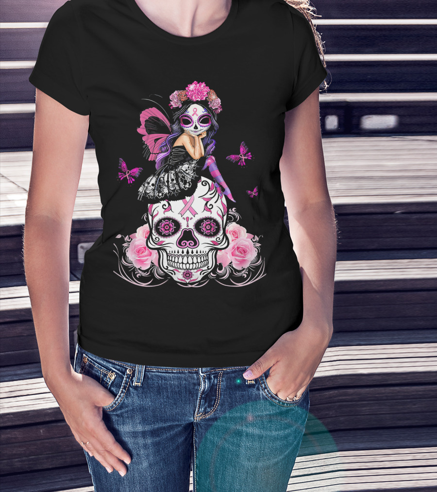 Cute Fairy Sugar Skull Breast Cancer Awareness T-Shirt
