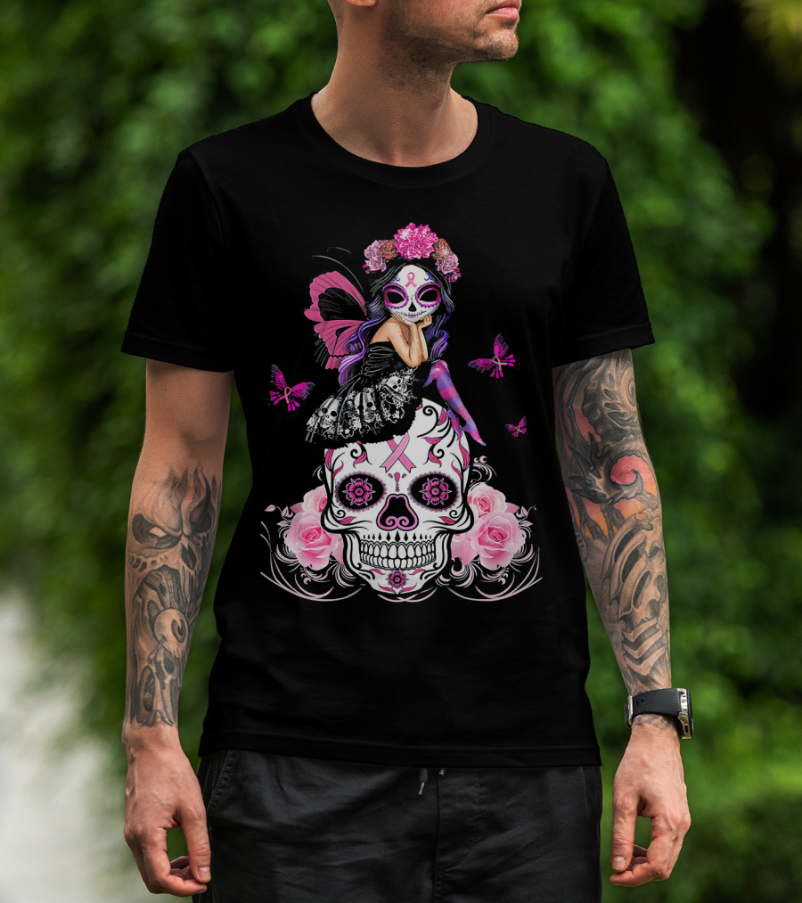 Cute Fairy Sugar Skull Breast Cancer Awareness T-Shirt