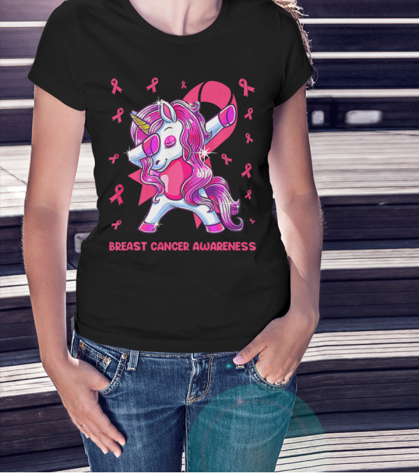 Breast Cancer Awareness Dabbing Unicorn Pink T-Shirt