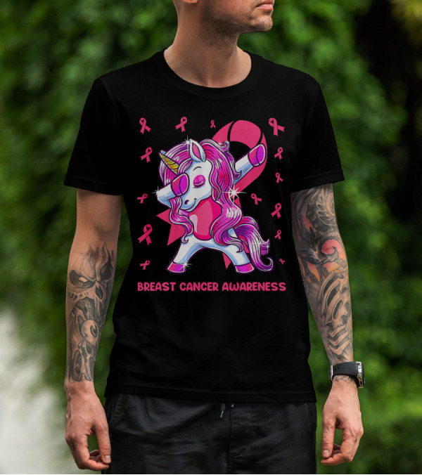 Breast Cancer Awareness Dabbing Unicorn Pink T-Shirt