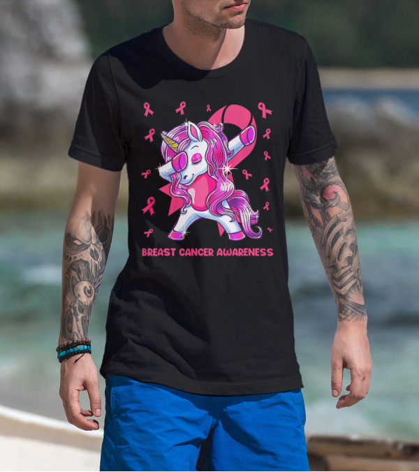 Breast Cancer Awareness Dabbing Unicorn Pink T-Shirt