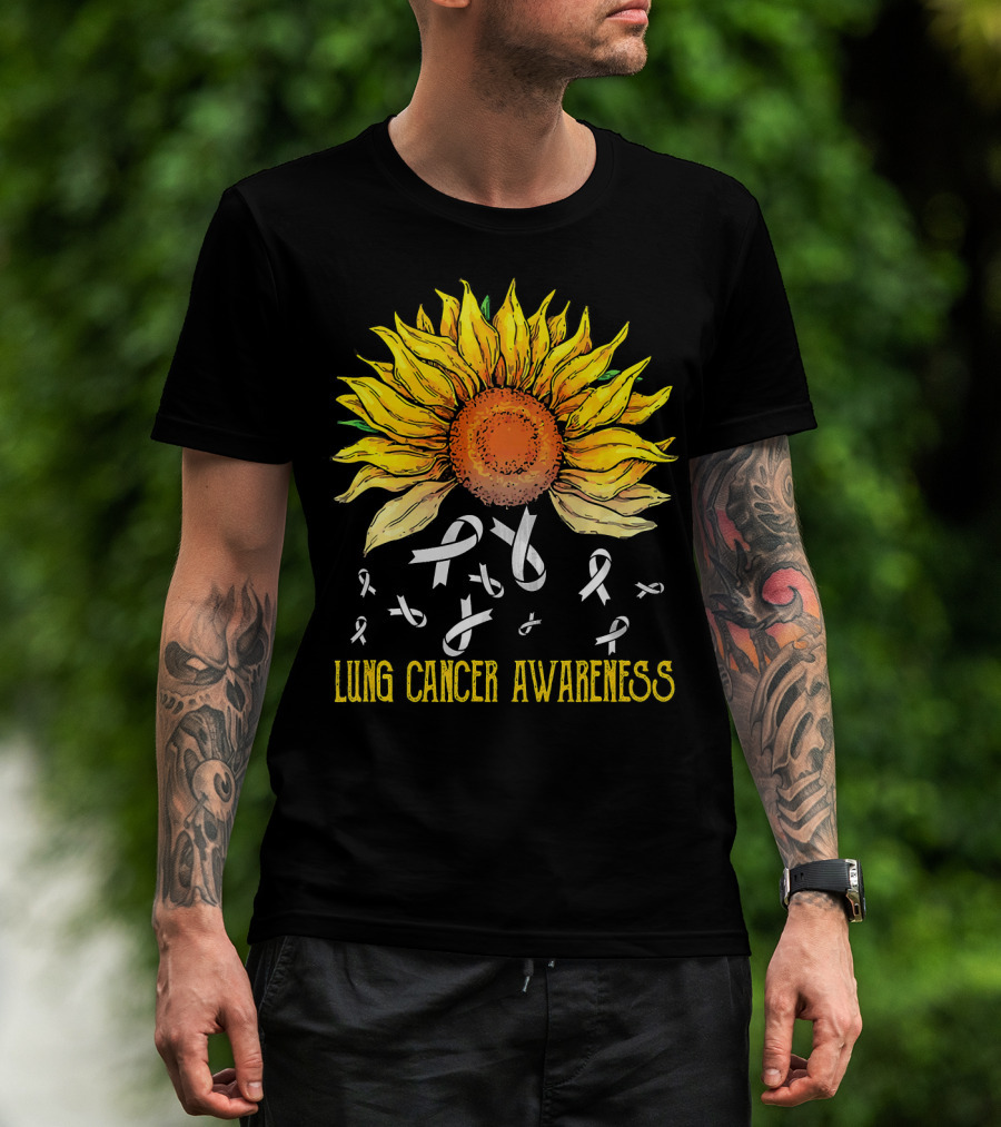 Lung Cancer Awareness Sunflower With White Ribbons T-Shirt