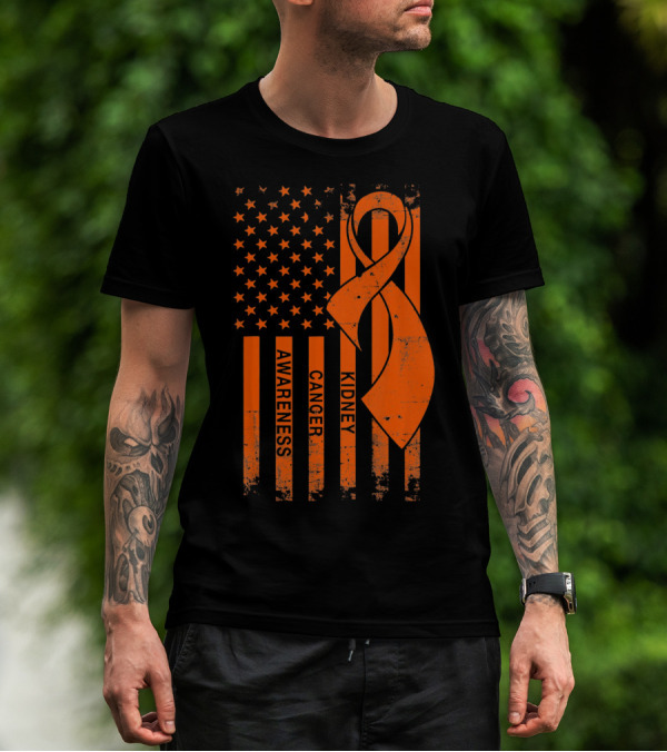 Kidney Cancer Awareness Orange Ribbon American Flag T-Shirt