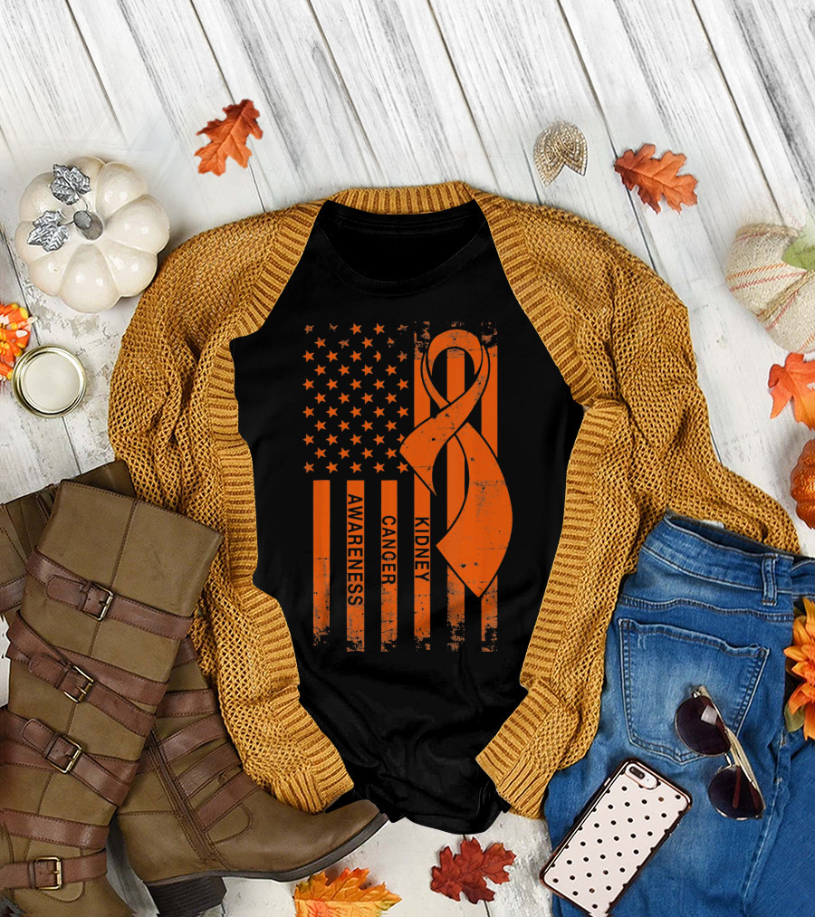 Kidney Cancer Awareness Orange Ribbon American Flag T-Shirt