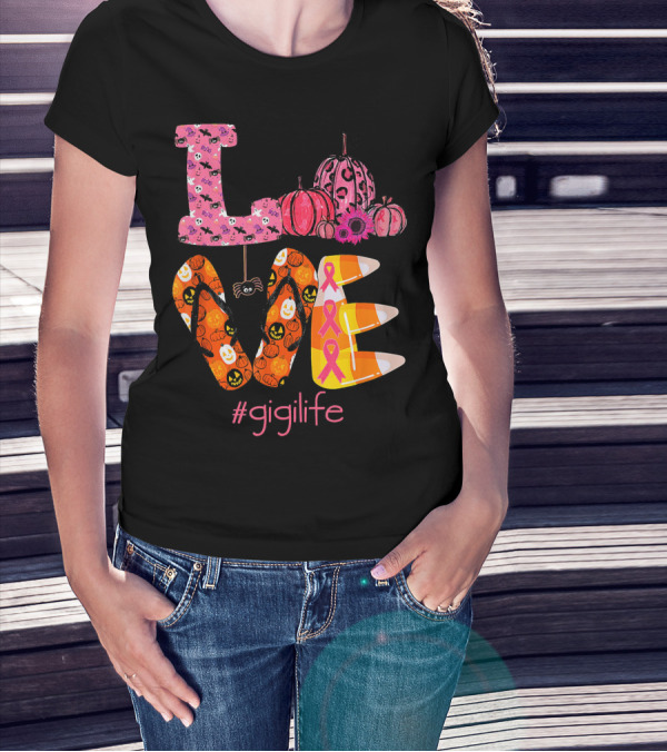 Love Halloween Pumpkin Breast Cancer Awareness #gigilife T-Shirt