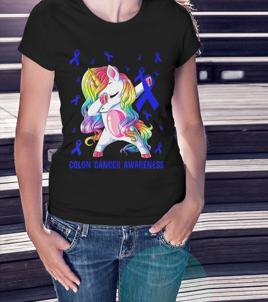Colon Cancer Awareness Unicorn Dabbing With Blue Ribbons T-Shirt