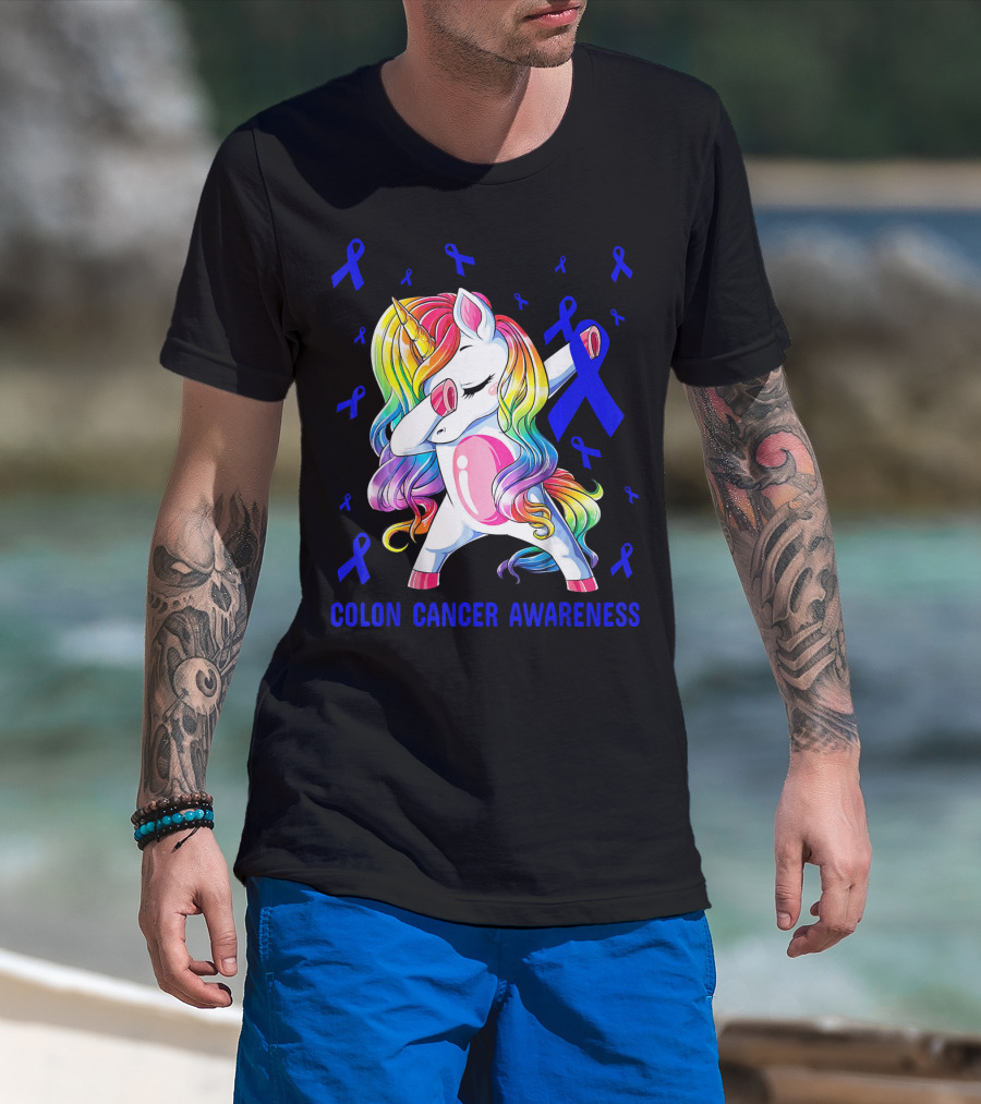 Colon Cancer Awareness Unicorn Dabbing With Blue Ribbons T-Shirt