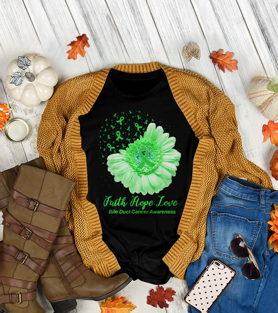 Faith Hope Love Bile Duct Cancer Awareness Flower T-Shirt