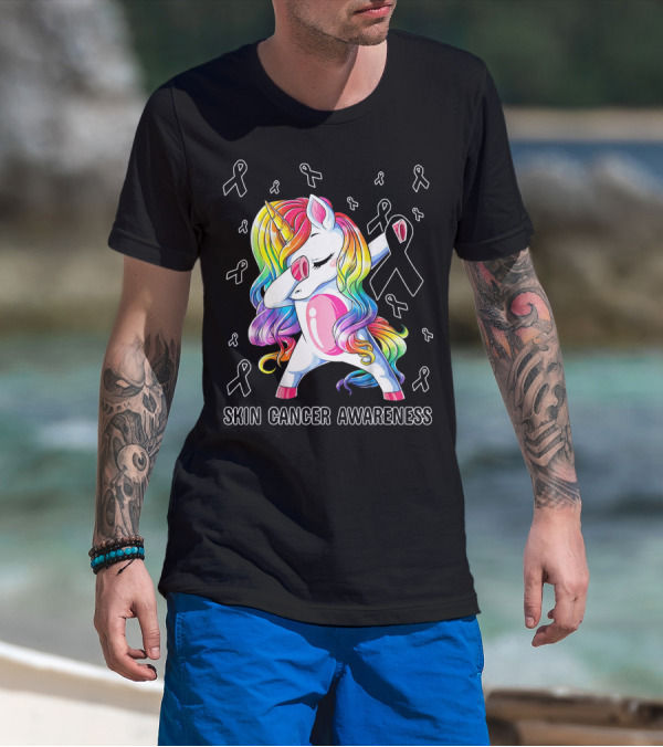Skin Cancer Awareness Unicorn Dabbing With Ribbons T-Shirt