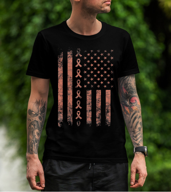 Uterine Cancer Awareness Ribbon American Flag Peac T-Shirt