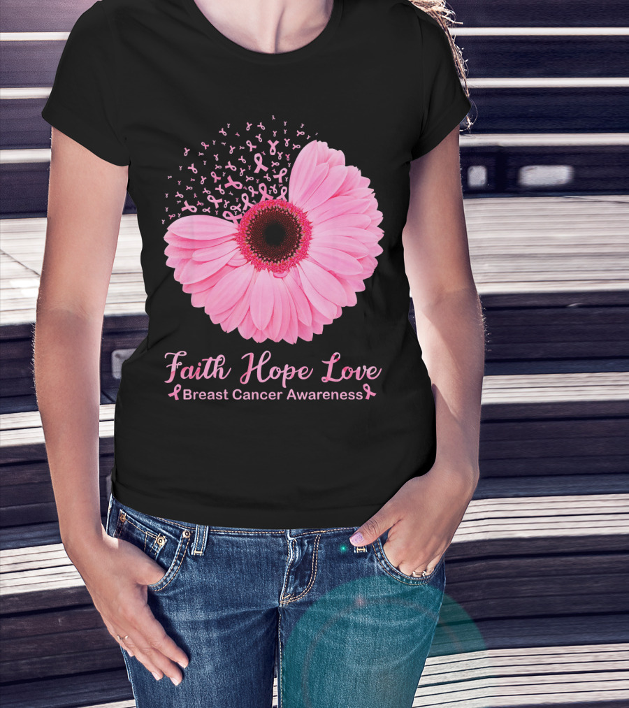 Faith Hope Love Breast Cancer Awareness Pink Ribbon Blossoms T-Shirt
