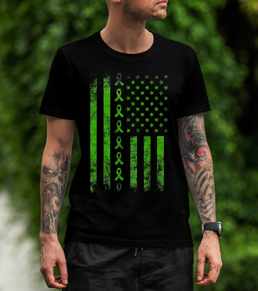 Lymphoma Cancer Awareness Lime Green Ribbon American Flag T-Shirt