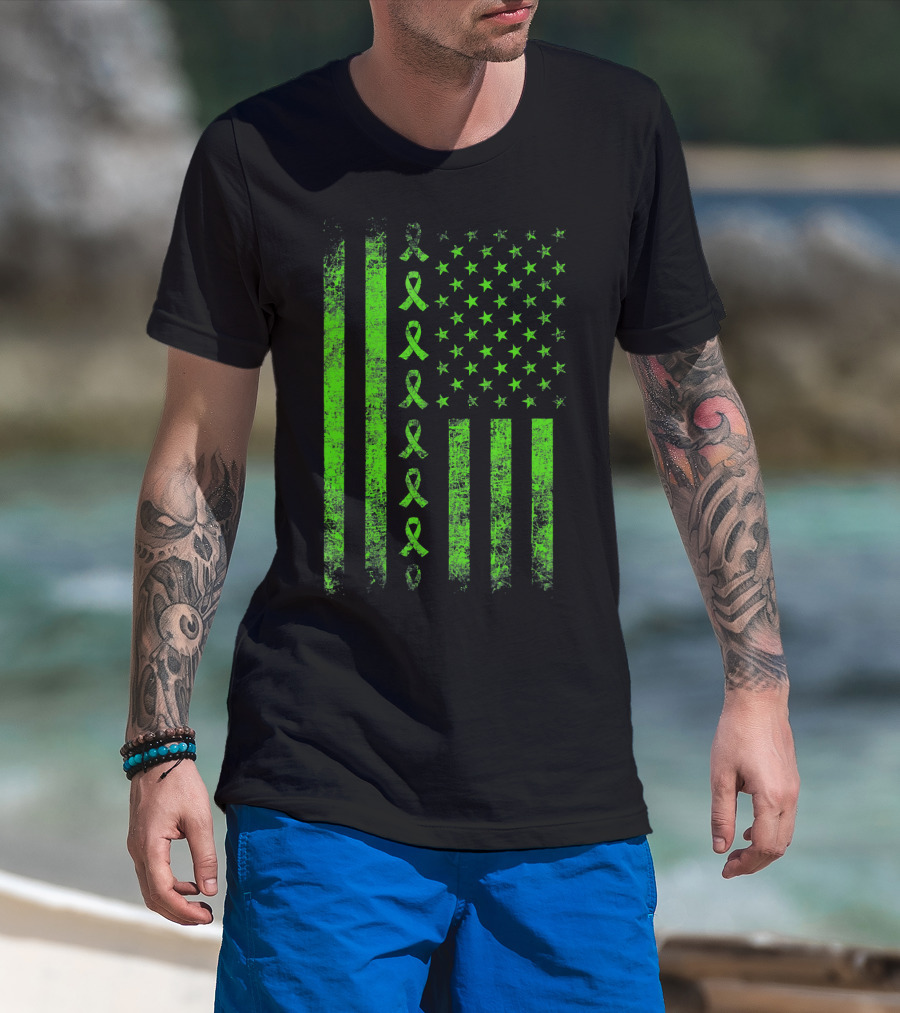 Lymphoma Cancer Awareness Lime Green Ribbon American Flag T-Shirt