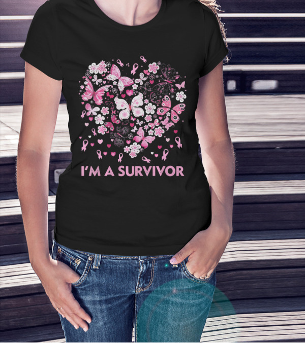 I'm A Survivor Heart Pink Ribbon Butterfly Flowers T-Shirt