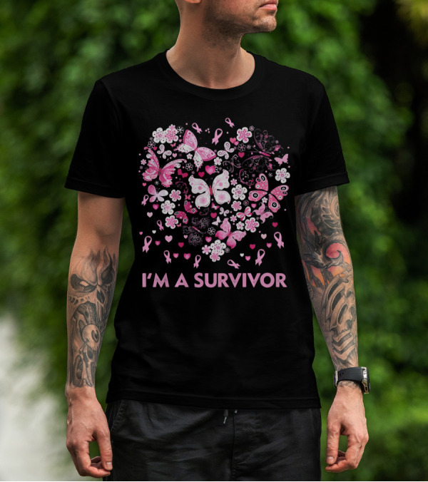 I'm A Survivor Heart Pink Ribbon Butterfly Flowers T-Shirt